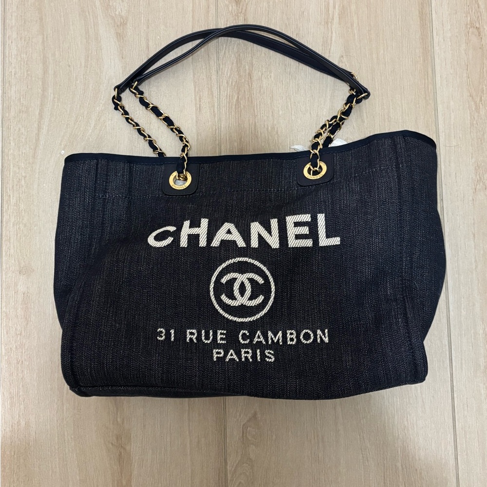 CHANEL Black Canvas Tote with White Logo and Gold-Tone Chain Straps